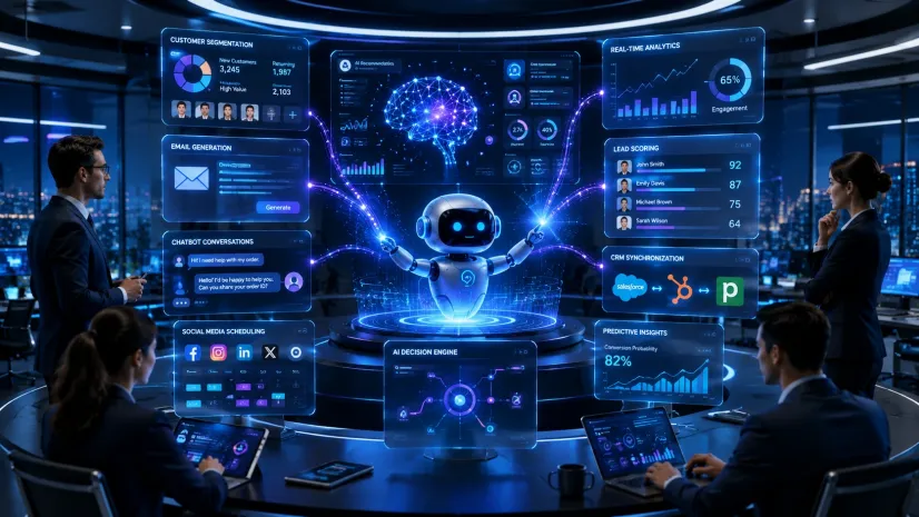 AI agent managing omnichannel marketing campaigns with CRM, analytics, chatbot, email automation, and predictive insights in a unified business dashboard.