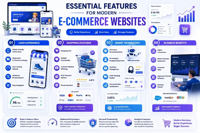 Essential e-commerce website features infographic