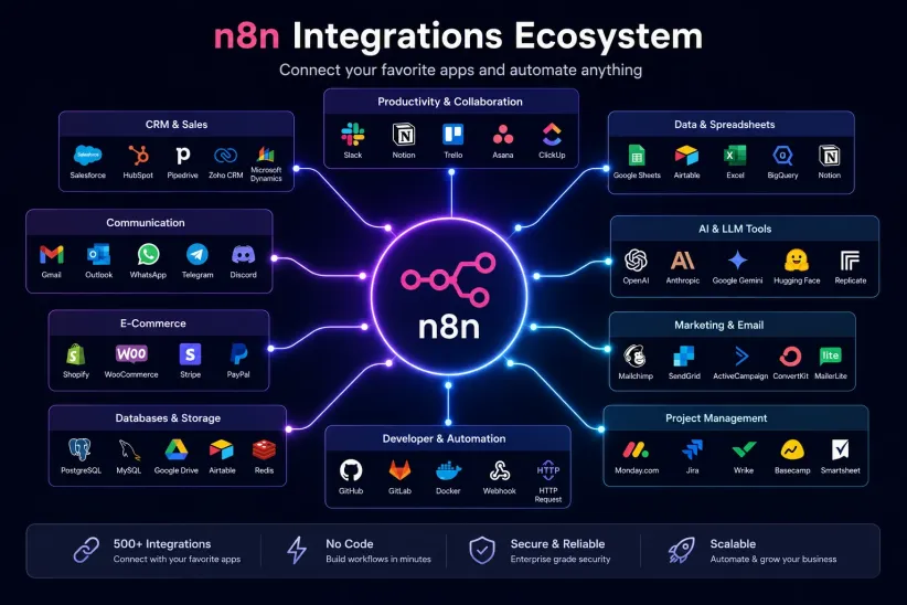 n8n integrations connecting multiple business applications through automated workflows.